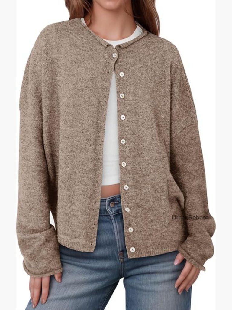 Button Up Cardigan Sweater Long Sleeve Crew Neck Soft Lightweight Knit Loose Top